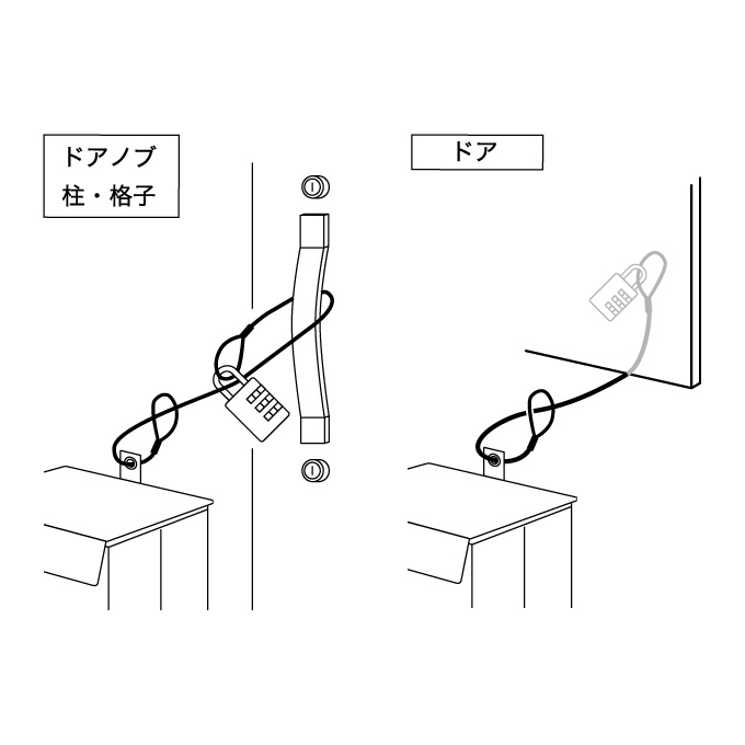 3.近くの動かないものに固定 例:配管、窓の鉄格子、玄関ドアなど(付属のダイヤル式南京錠をご使用ください。)