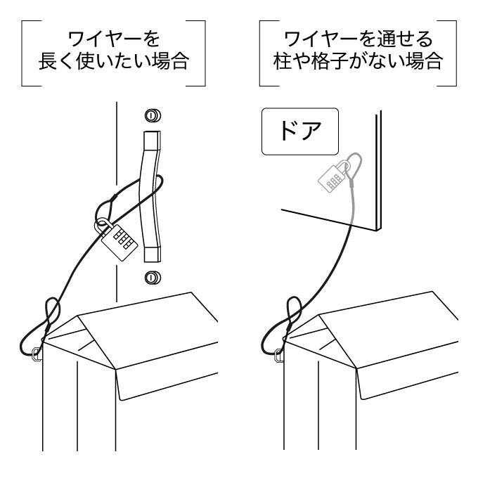 2.ワイヤーを長く使いたい場合、上図のようにワイヤーを通し、家の中の動かないものに施錠します。