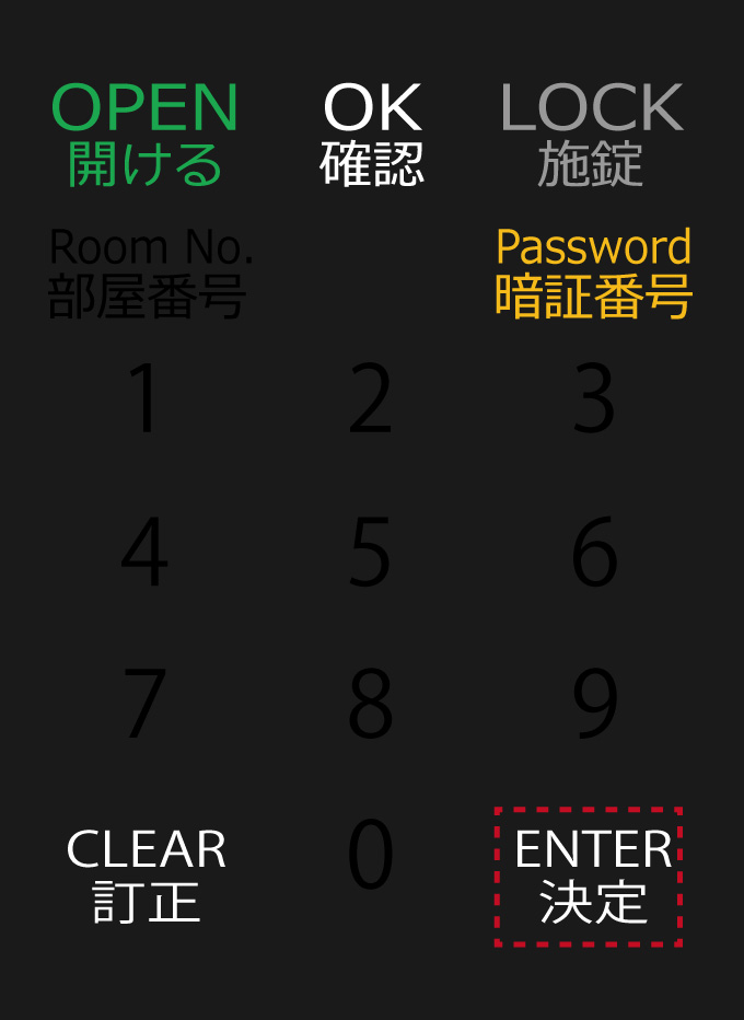 5.数字が点灯し、入力した暗証番号と誤りがなければ、「ENTER」をタッチします。開錠され、扉を開けることができます。