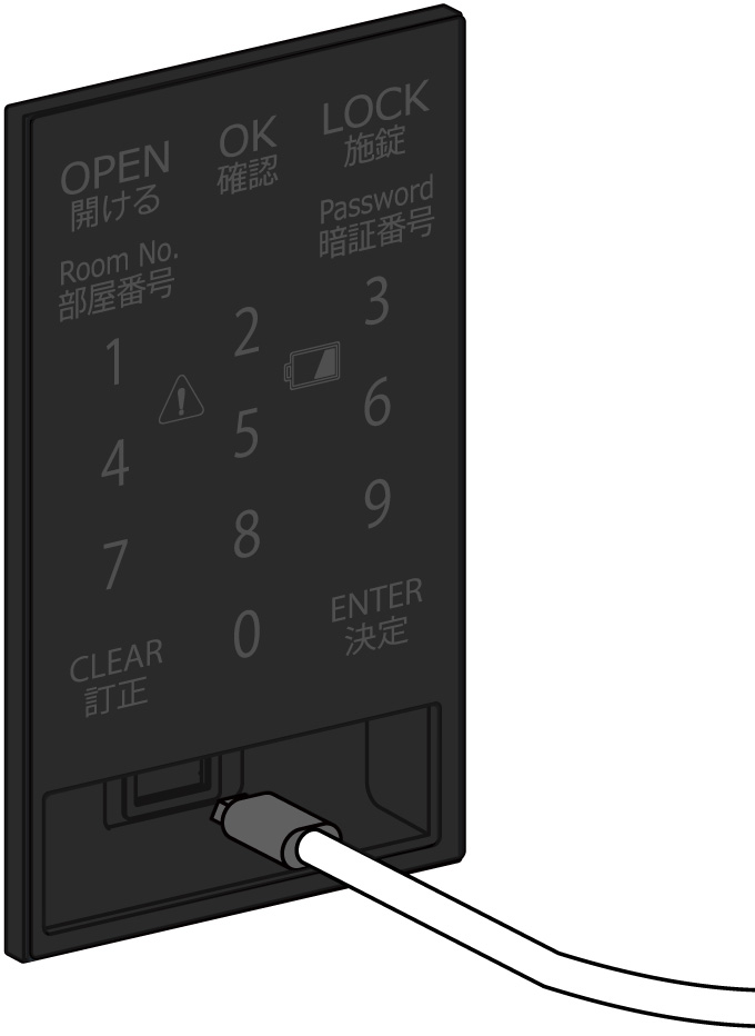 Nasta Smart LOCK の正面にある給電口カバーを取り外し、ポータブル電源（USB）で、給電口にあるUSB へ給電してください。
