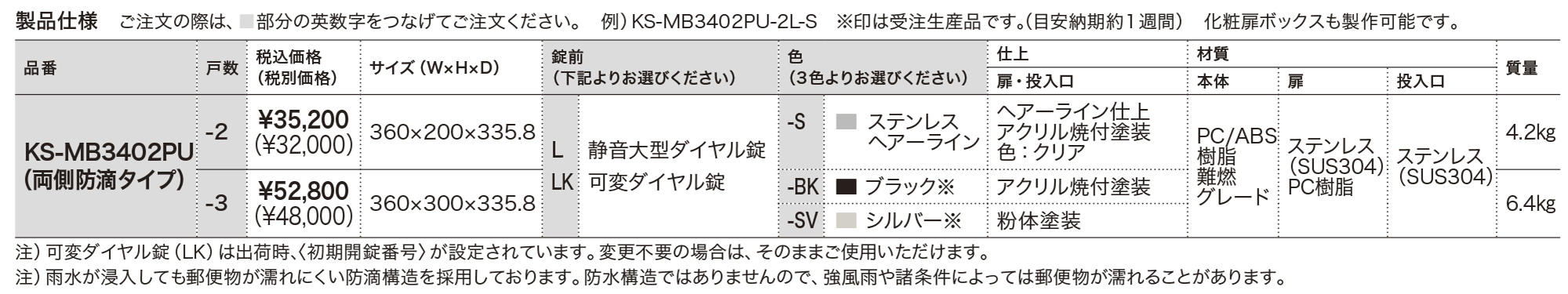 ポスト W360×H100 前入後出/両側防滴タイプ KS-MB3402PU | ポスト ...