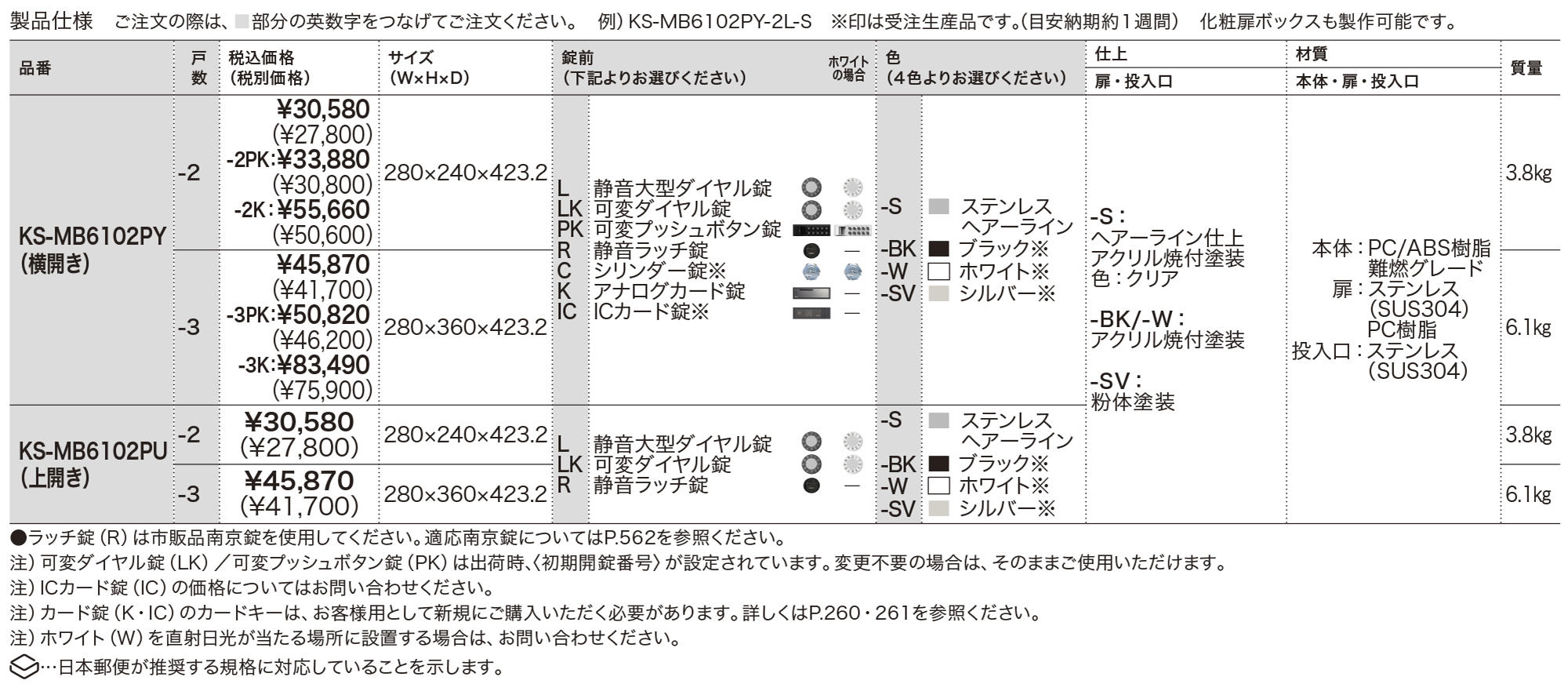 ポスト W280×H120 前入後出／屋内タイプ KS-MB6102PY／KS-MB6102PU